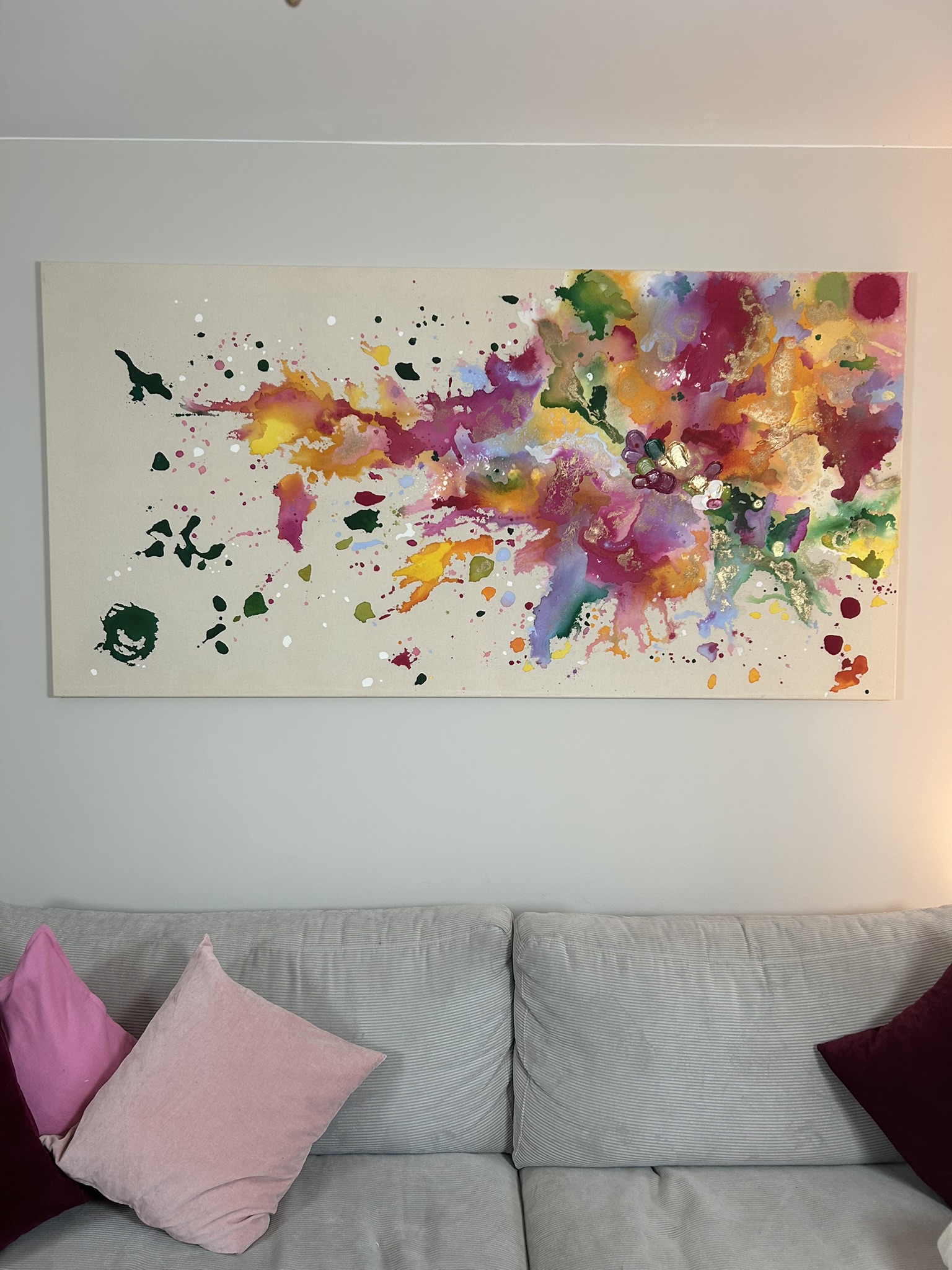 Ich lieb Leben viel zu sehr, 2025, Acryl und Gold auf roher Baumwollleinwand, Ansicht 2